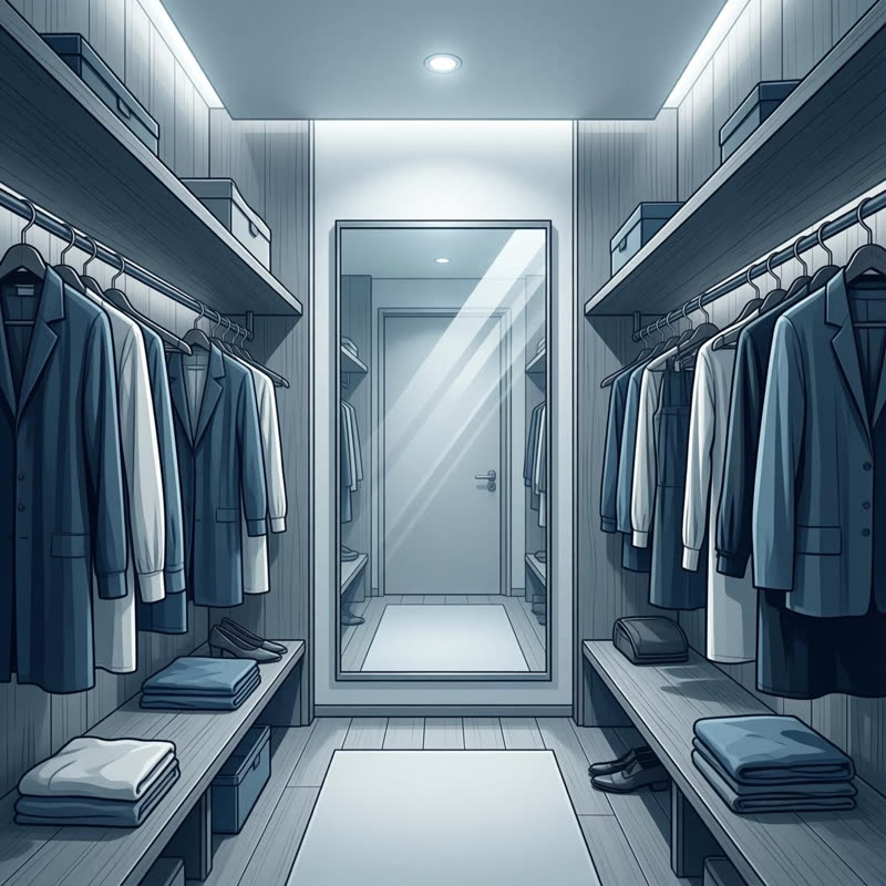A fitting room with a big mirror and clothes on the rails